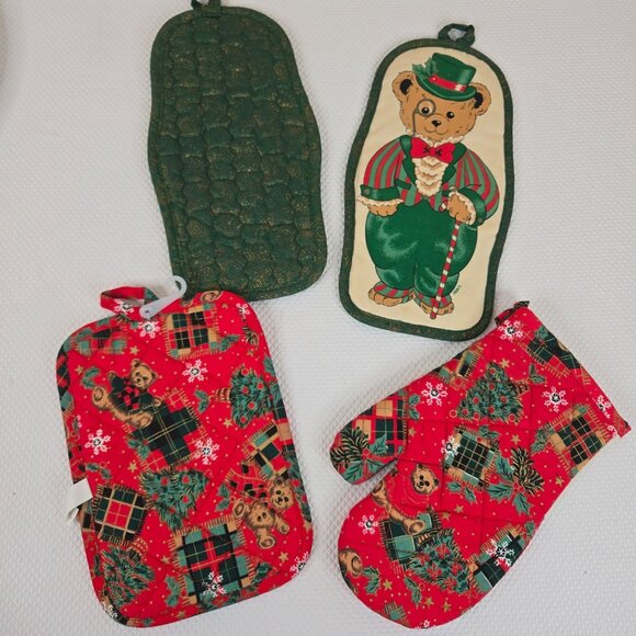 Vintage Christmas Teddy Bear Oven Mitt Pot Holder Holiday Kitchen Decor 4 Piece - Picture 6 of 6
